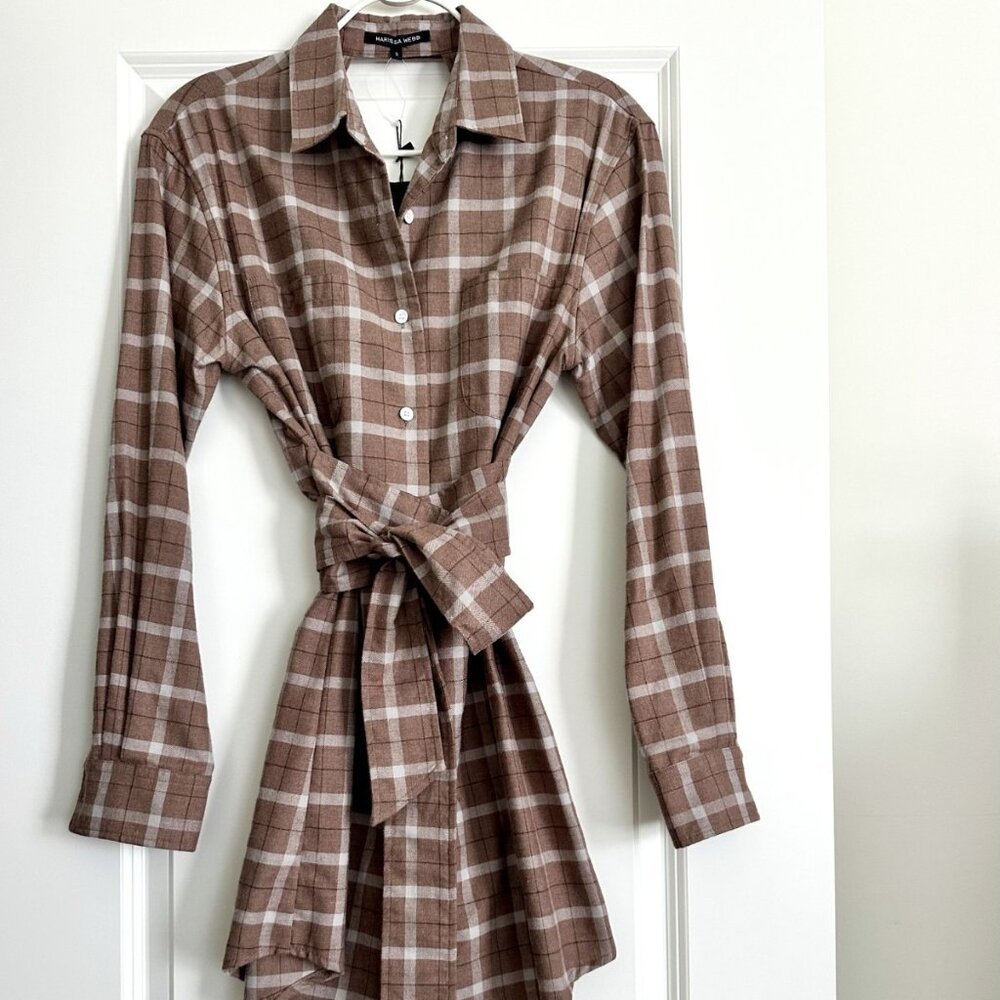 NWT MARISSA WEBB Brown Check Plaid Long Sleeve Mini Shirt Dress Size S
